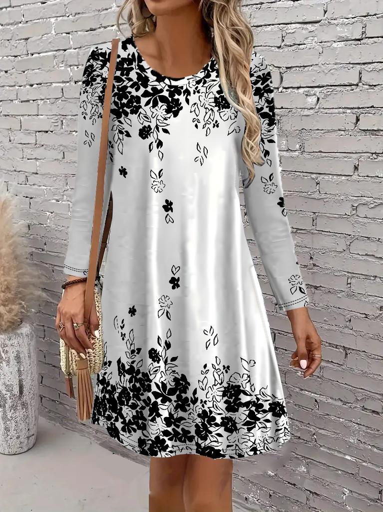 Retro Floral Pattern Casual Dress, Women's Autumn Long Sleeved Round Neck Casual Mini A-line Dress Vestidos De Mujer
