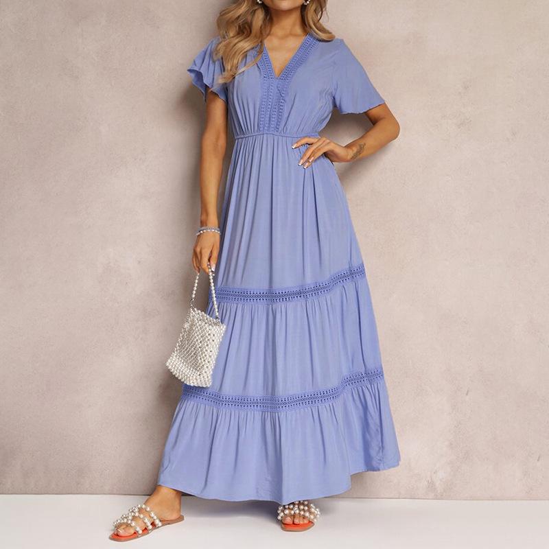 Elegant Ruffle Sleeve V-Neck Lace Patchwork Dress