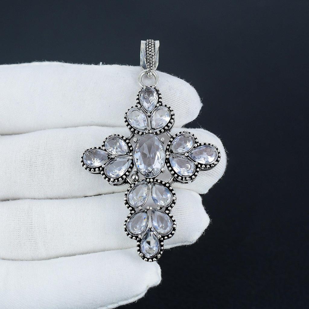 White Topaz Gemstone Silver Cross Pendant in 925 Sterling Silver - Handmade Pear Design, Everyday Wear Jewelry Father Day Gift