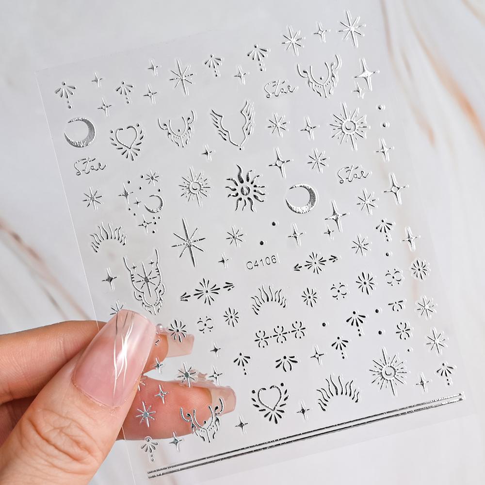 Black White Star 3D Nail Art Sticker Y2K Pentagram Self-Adhesive Decals Laser Shiny Glitters Starlight Manicure Ornaments Slider