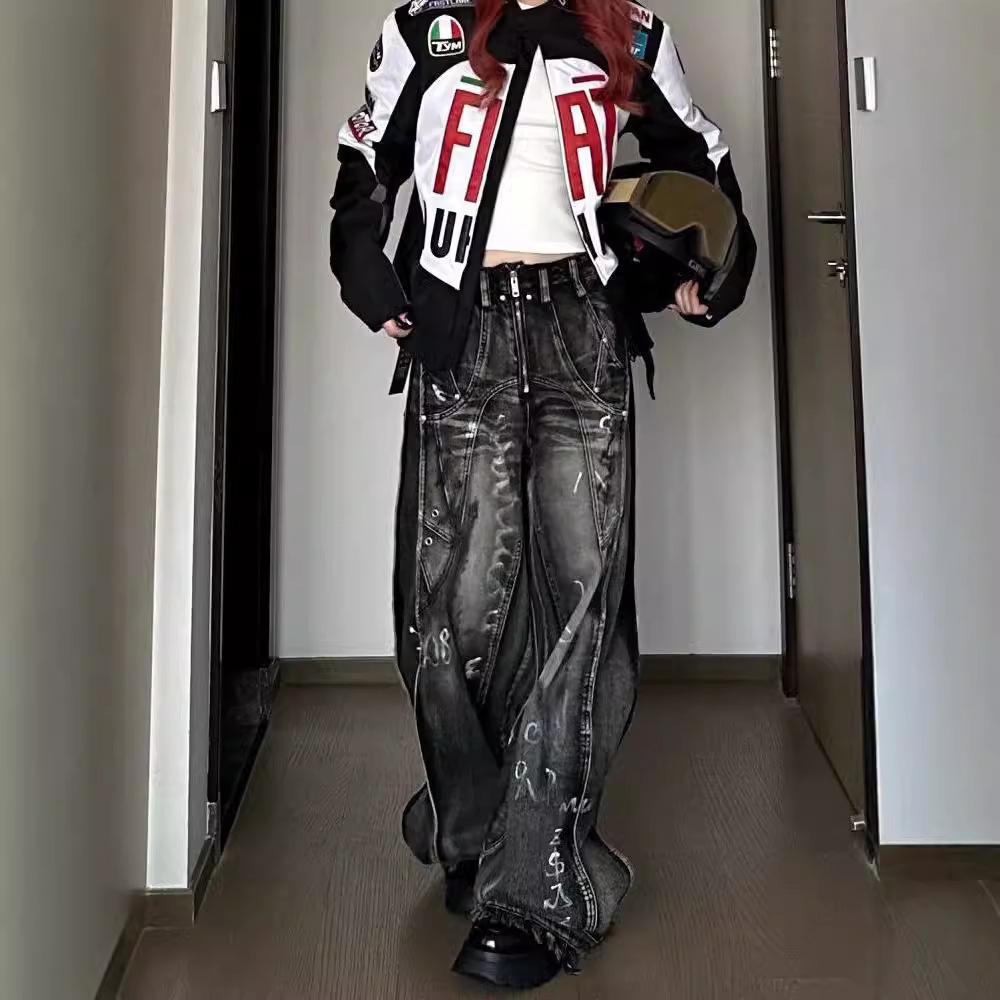 Unisex Retro Graffiti Wide-Leg Jeans: American High-Street Style
