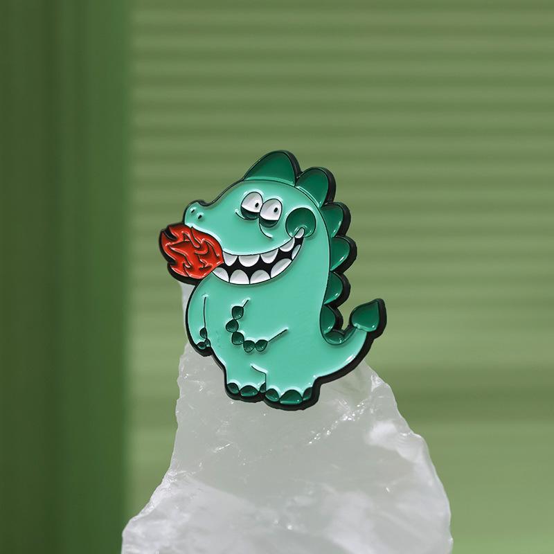 Playful Green Cartoon Dinosaur Inspired Brooch With Heart And Rose Design Couples For