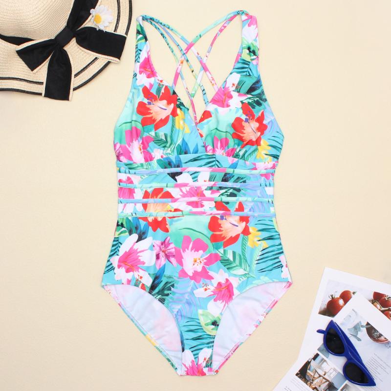 Women Printed One Piece Swimwear Sexy Backless Swimsuit V Neck Summer Beach Wear Slimming Bathing Suit S~XXL