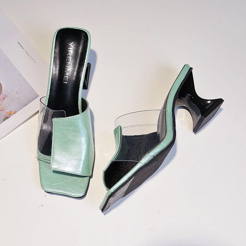 Women's Shoes Summer Transparent Film Slippers Color Matching Half Drag Sandals Open Toe Thick Heels