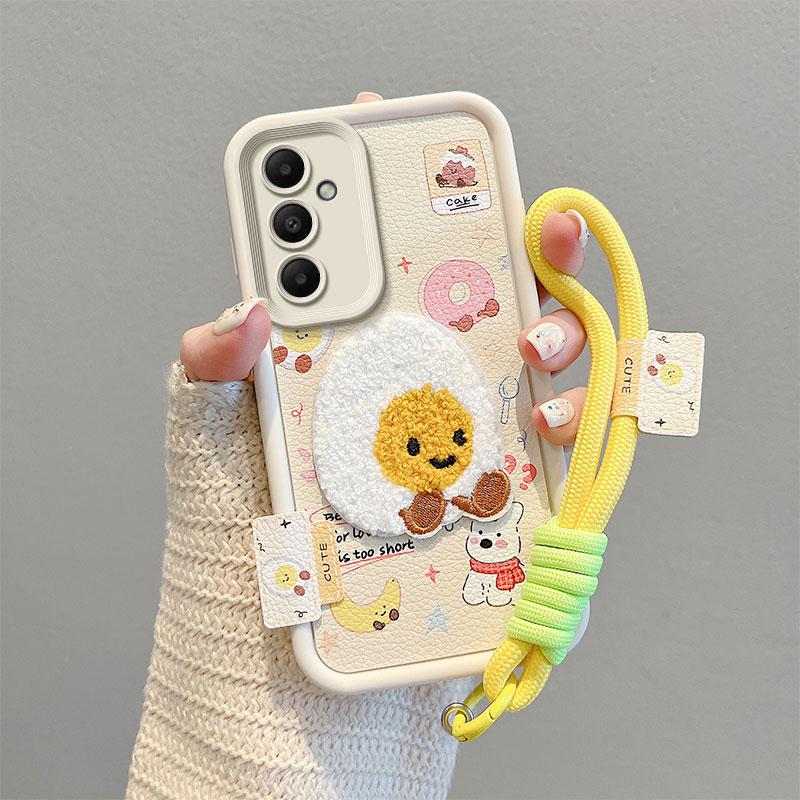 KEYSION Cartoon Cute Plush Embroidery Case for Samsung A55 5G A35 with Lanyard Silicone Shockproof Phone Cover for Galaxy A25 A15 5G