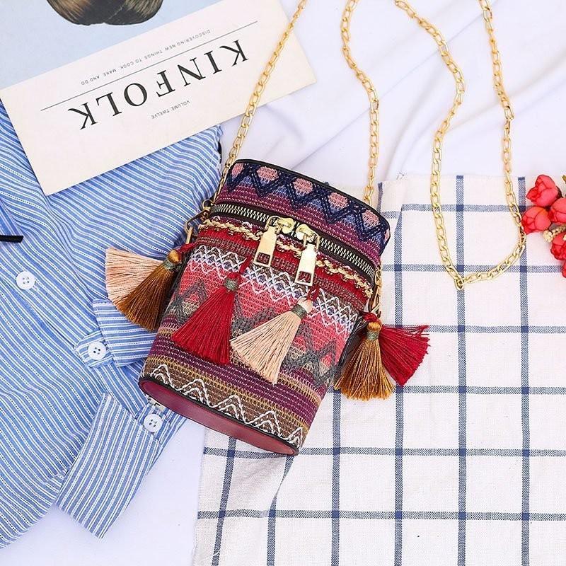 Colorful Style Ethnic Woven Texture Women Chain Cylindrical Bag With Tassel