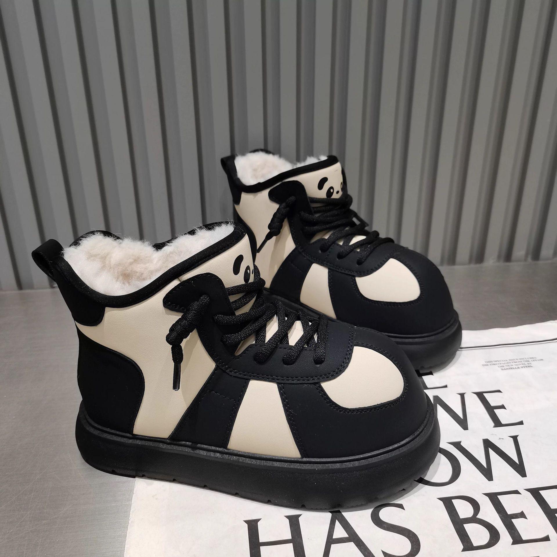 

Модные хлопковые туфли с пандой на платформе до щиколотки, зимние ботинки для женщин, утепленные мехом, сноубутсы 2025, новые хлопковые мягкие повседневные оригинальные женские туфли 41 чёрный