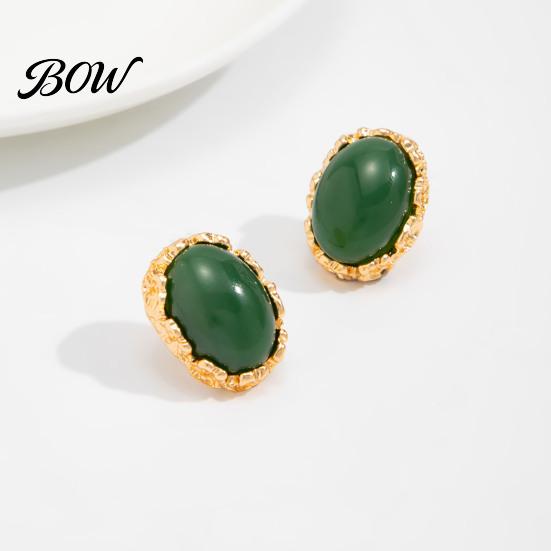 Elegant Resin Gemstone Earrings 1 Pair Vintage Oval Stud for Women, Retro Statement French Style Dangle Earrings, Gold Frame Chunky Stone Jewelry
