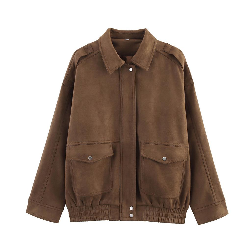 Women's Faux Suede Button Jacket Oversized Gathered Hem Short Length Coat Casual Vintage Outerwear With Pockets