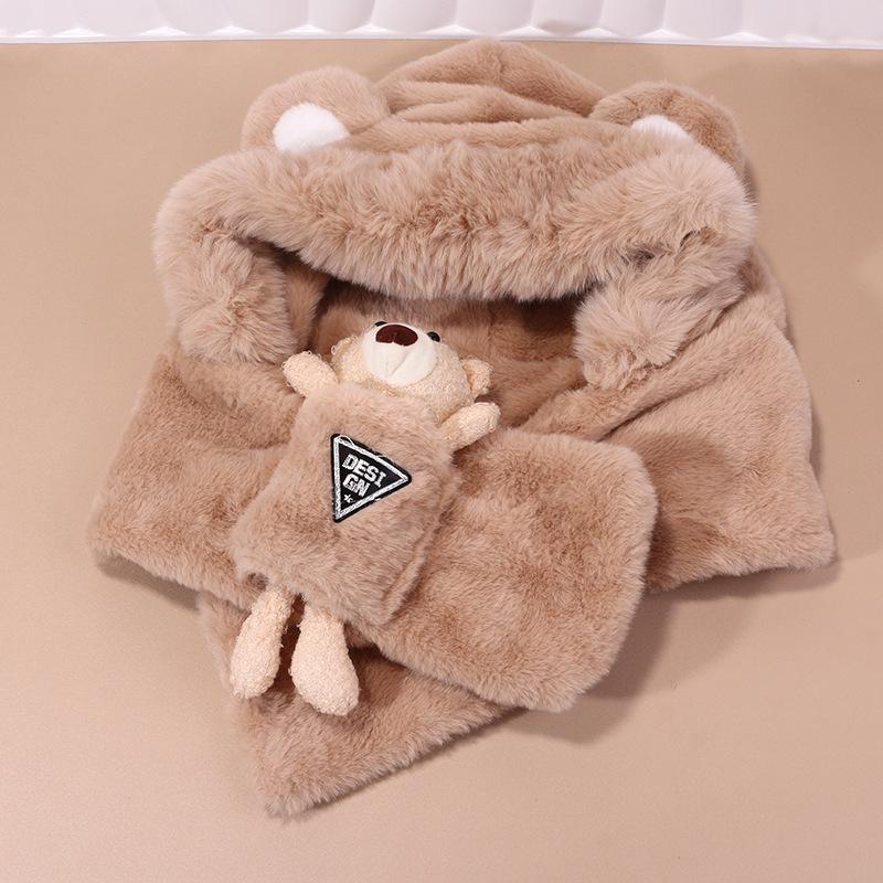 Bear Ear Hat Scarf Integrated for Women's Autumn and Winter Korean Version Versatile Cute Hooded Plush Warm Hat Trendy Lei Feng Hat