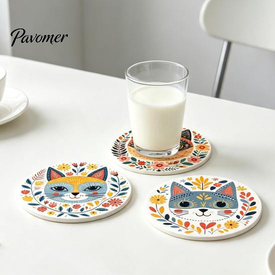 Waterproof Coasters for Daily Use 6 Pcs Cute Cat Coasters, Thick Heat-Resistant Wood Coaster Tabletop Protection, Unique Gift Ideas Lovers Non