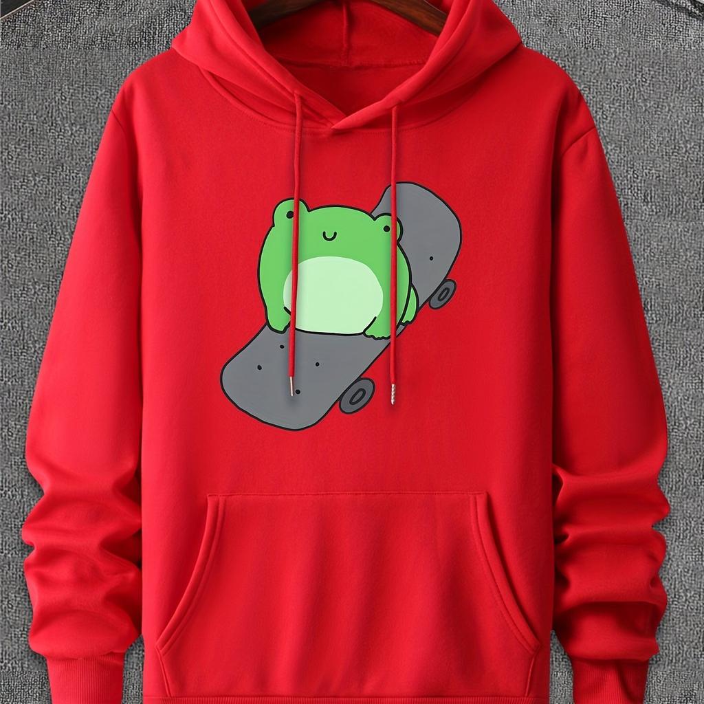 2026Unisex Pullover Hoodie, Cute Skateboarding Frog Cartoon, Drawstring Kangaroo Pocket Casual Autumn‑Winter Sweatshirt for Men