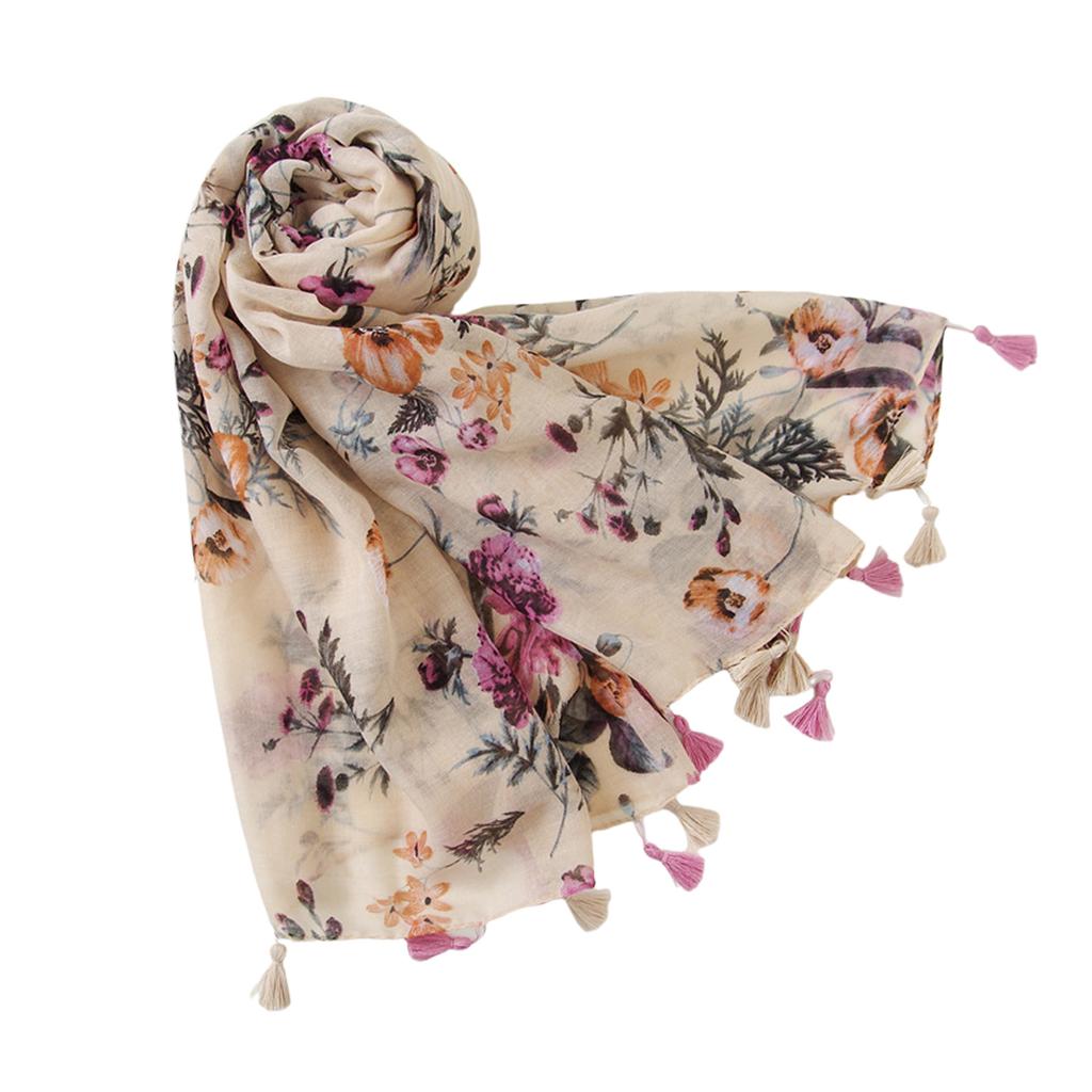Flower Tassels Scarf for Spring Breathable Flower Shoulder Wrap Neck Shawl Multiuse Beach Wear Women Hijab Headscarf