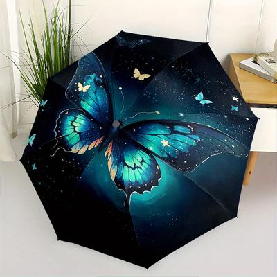 Schmetterling, Fantasy Automatischer Faltregenschirm 8 Rippen, Langlebiger Eisenrahmen, Helles Farbmuster Kompakter Reise-Regenschirm, Geeignet für Outdoor