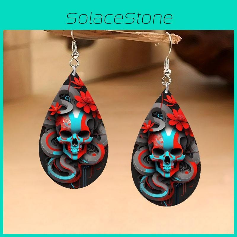 Halloween Themed Flower Skull Patterns Water Droplet Shaped Women Earrings For Night Party Gothic