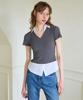 SALON DE YOHN Shirt Detail V-Neck Short Sleeve T_ Gray