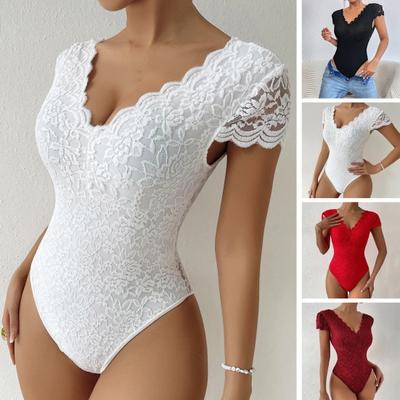 Women Bodysuit Solid Color Deep V-neck Lace Slim Fit Flower Embroidery Dress-up Sleeveless See-through Summer Playsuit Female Clothes