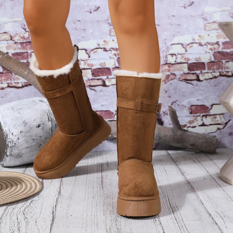 Winter Thick-Soled Snow Boots Round Toe Belt Buckle Sleeve Flat Sole Thickened Cashmere High Boots Large Size Women's Boots36-41