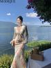 MODIQUE Spring Summer Women Elegant Floral Print Beach Backless Hip Wrap Fishtail Long Dresses Holiday Lady Fairycore Sexy V-Neck Puff Sleeve Dresses