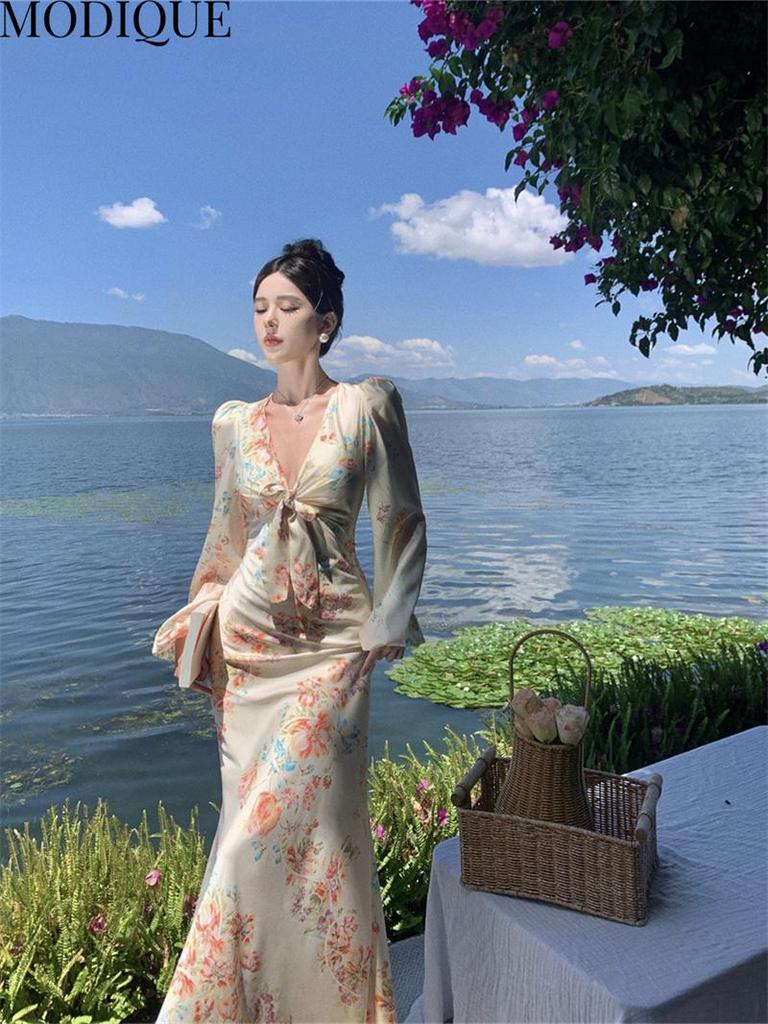 MODIQUE Spring Summer Women Elegant Floral Print Beach Backless Hip Wrap Fishtail Long Dresses Holiday Lady Fairycore Sexy V-Neck Puff Sleeve Dresses