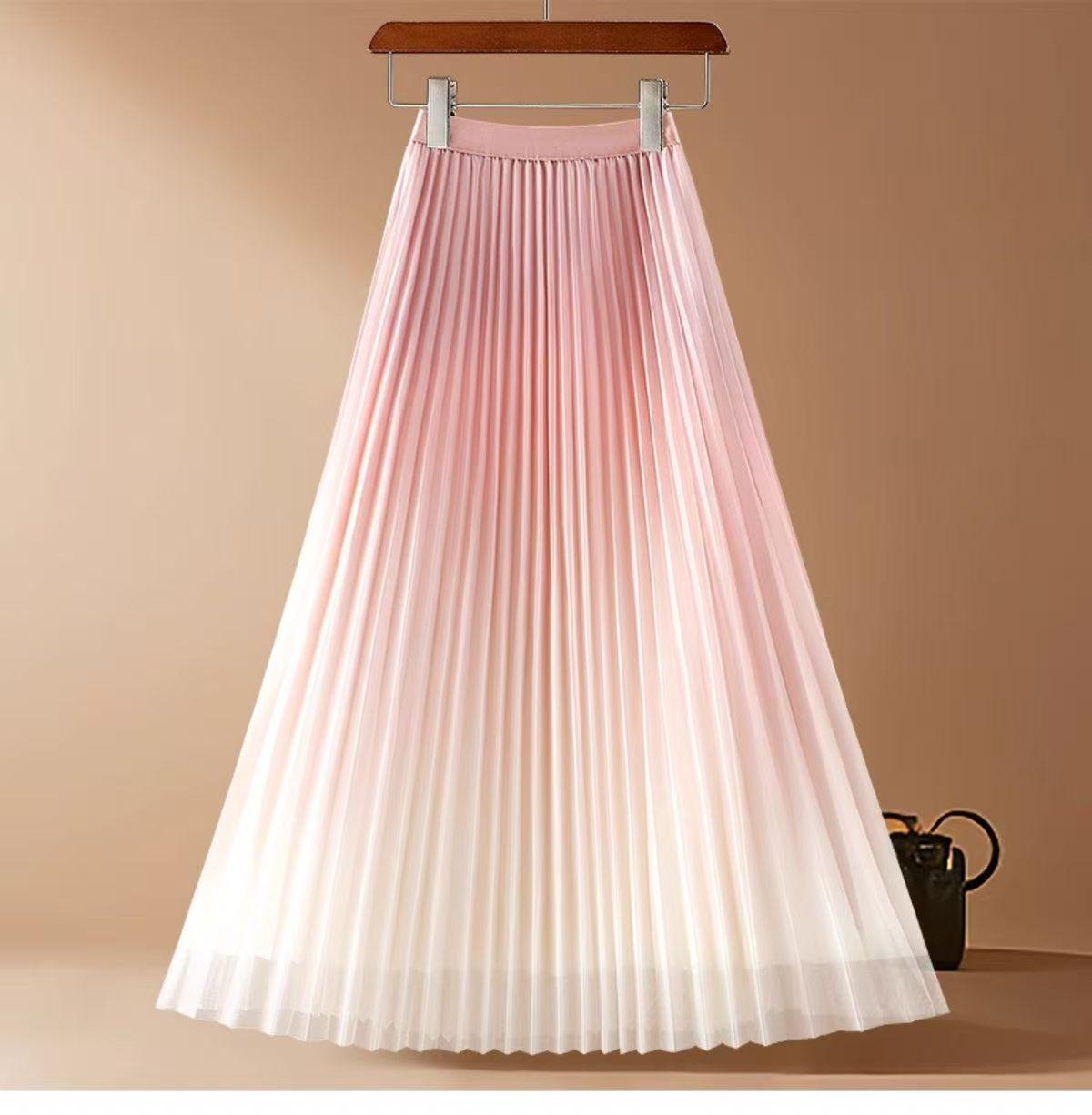 Women s 2025 Summer Gradient High-Waist Pleated A-line Mesh Skirt, Mid-length & Double-sided Wear. L