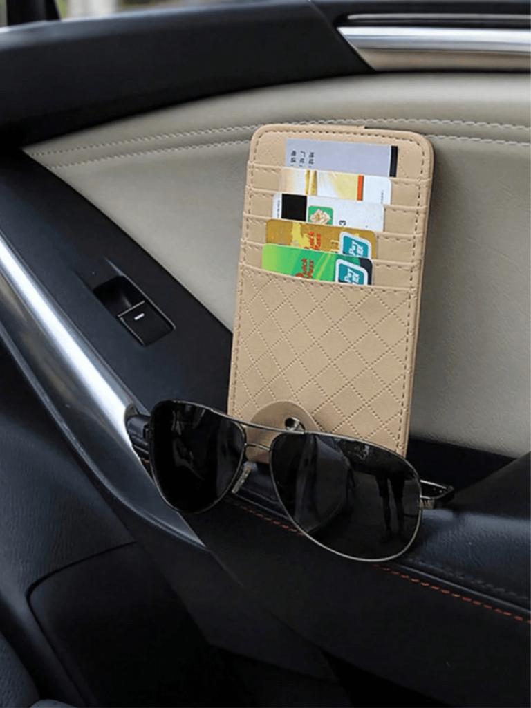 1Pc Car Sun Visor PU Leather Organizer - Multifunctional Sunglasses & Card Holder, Velcro Design, Universal Fit.