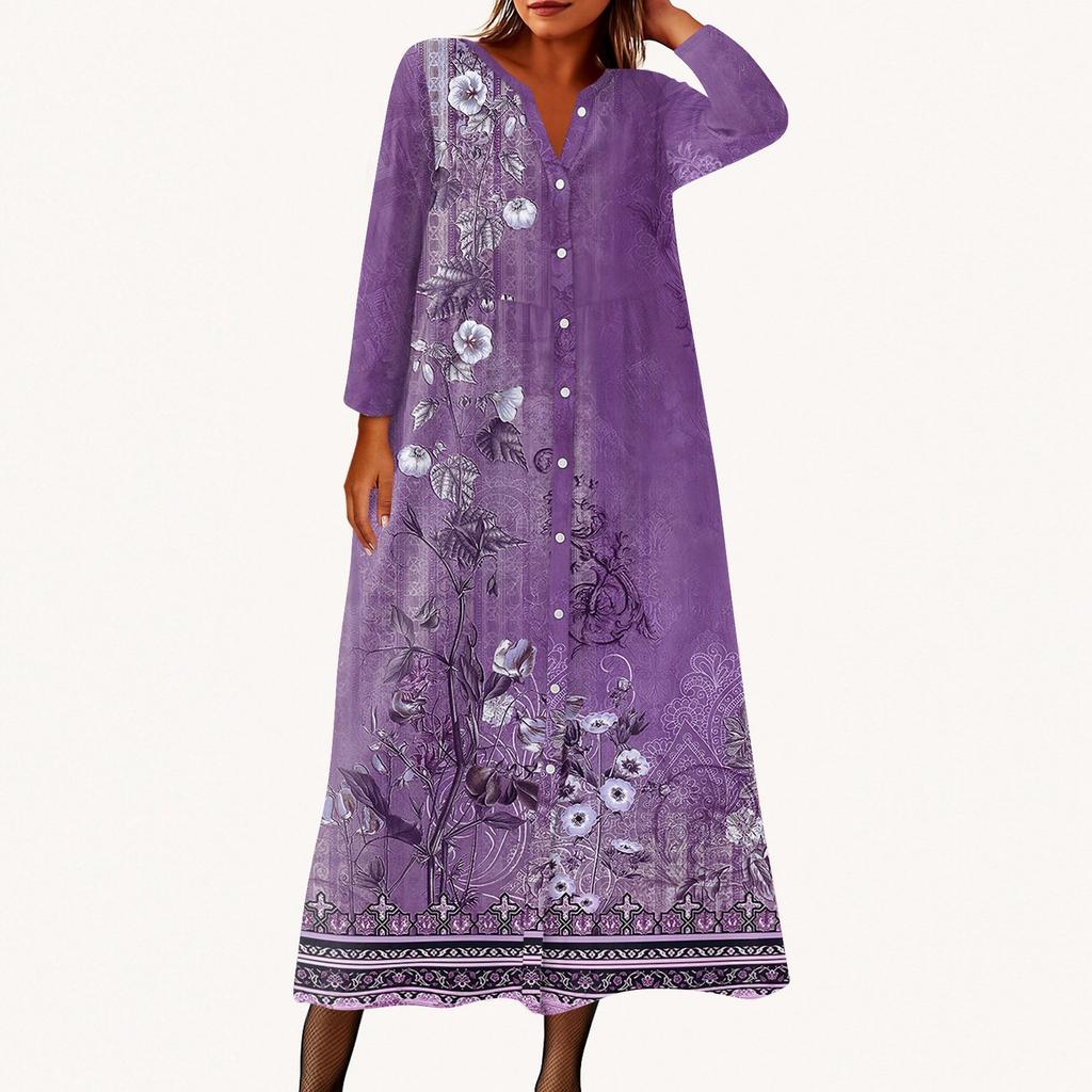 Dame Mote Trykket Rund Hals Syv Kvart Erm Knapp Løs Skjortekjole