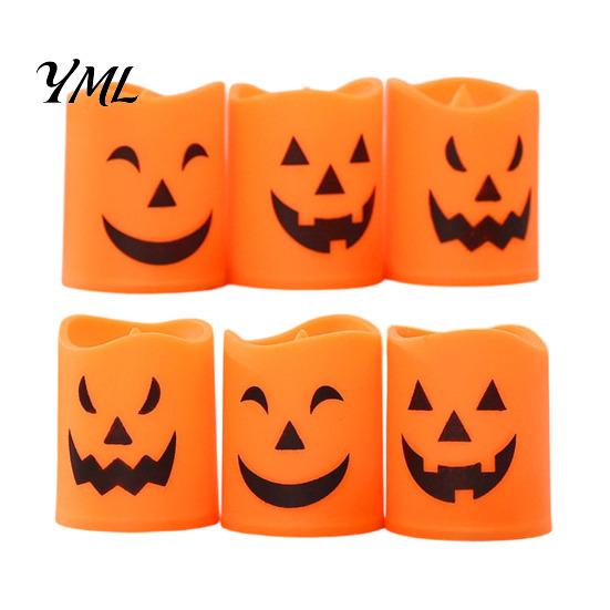 Battery Operated Halloween Decorations 6 Pcs Flameless Tea Lights, Orange Flickering Electric Fake Creative Gift for Candles, Spooky Pumpkin
