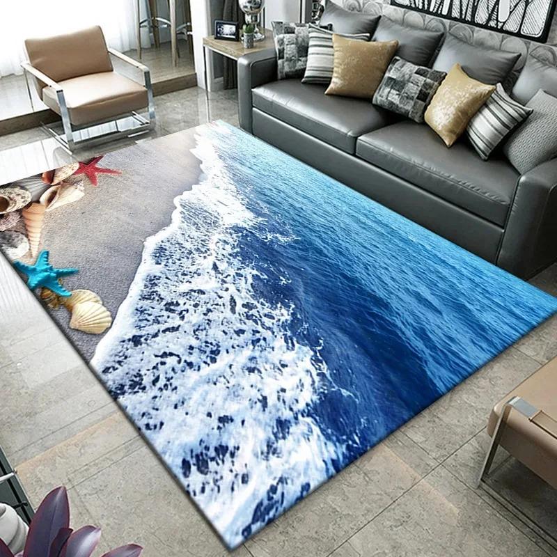 3D Beach Sea Waves Pattern Carpet Door Floor Mat Fish Doormat Non-slip Floor Mat Living Room Rug Home Room Bedroom Decoration