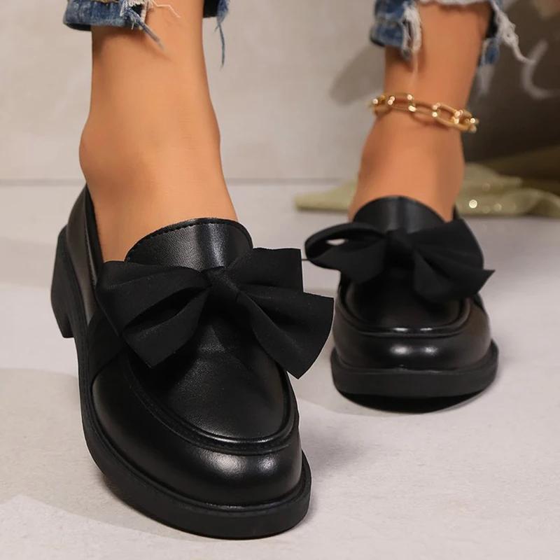 Fashion Fashion Bowknot Slip On Loafers for Women 2025 Summer Solid Color Patent Leather Shoes Woman Comfort Soft Sole Platform Loafers