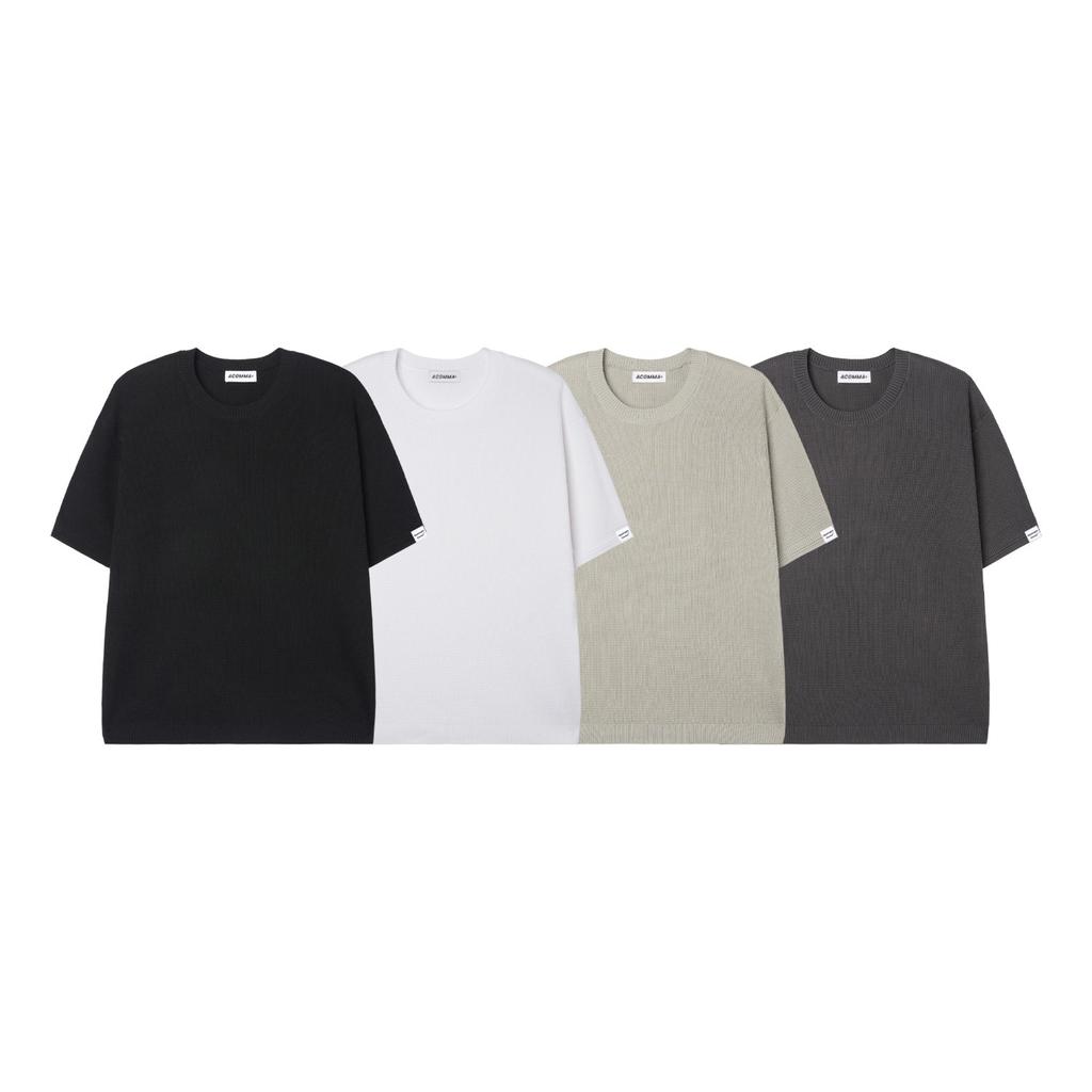 APOSTROPHE COMMA Reversible Label Waffle Short Sleeve Knit T-Shirt_Black