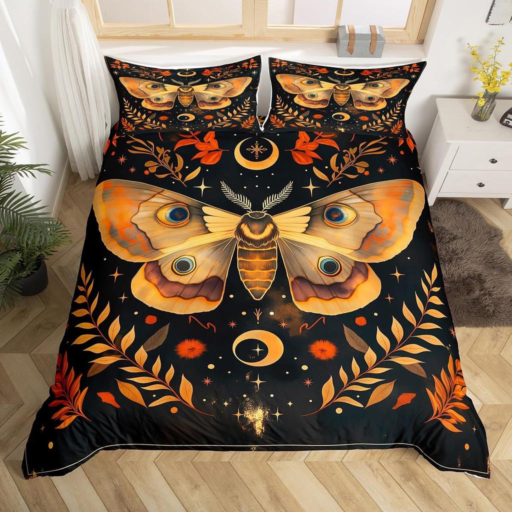 Gothic Moth Duvet Cover Set Queen Twin SizeDreamy Butterfly Animal Rustic Leaves Bedding SetExotic Starry Moon Sky Quilt Cover