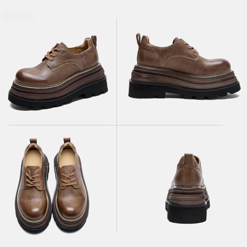 Johnature Zapatos de plataforma plana con suela gruesa y elevación retro, zapatos de mujer de moda versátiles con cordones y punta redonda