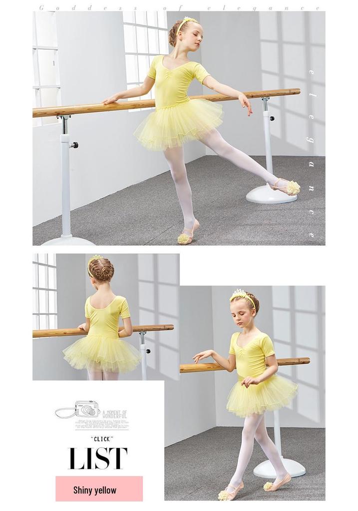 Girls' Short Sleeve Ballet Tulle Skirt - Kids' Dance Practice and Performance Costume