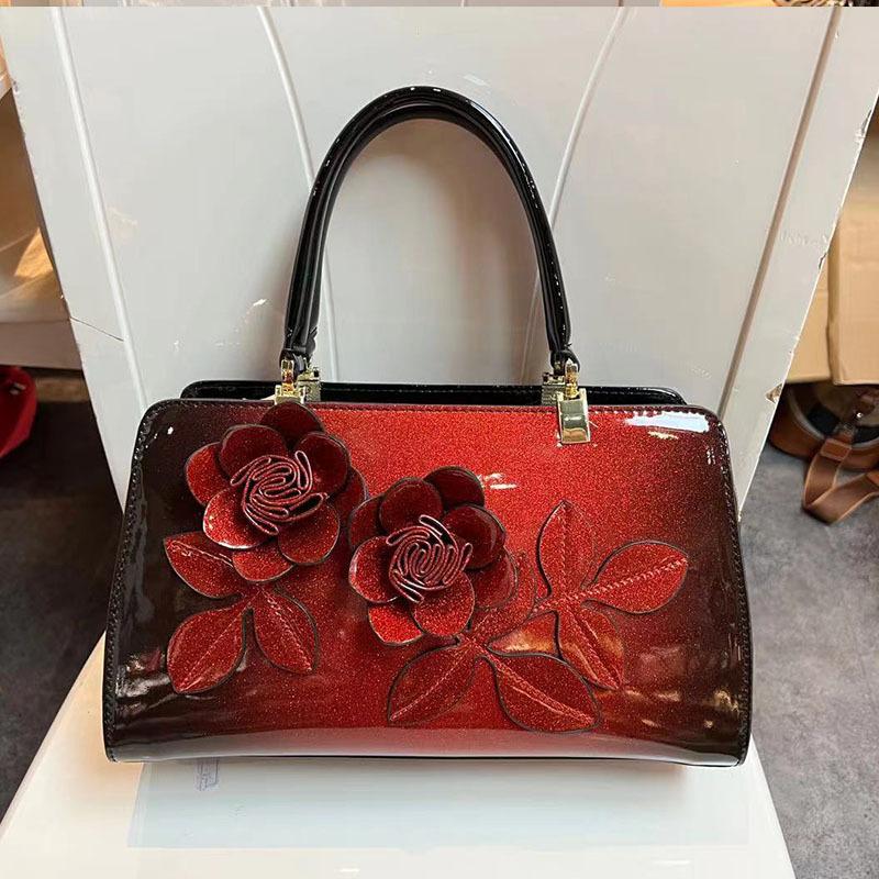 Leather Bag Handbag Rose Graphic Women'S Bag Middle-Aged Square Bag Shoulder Messenger Bag