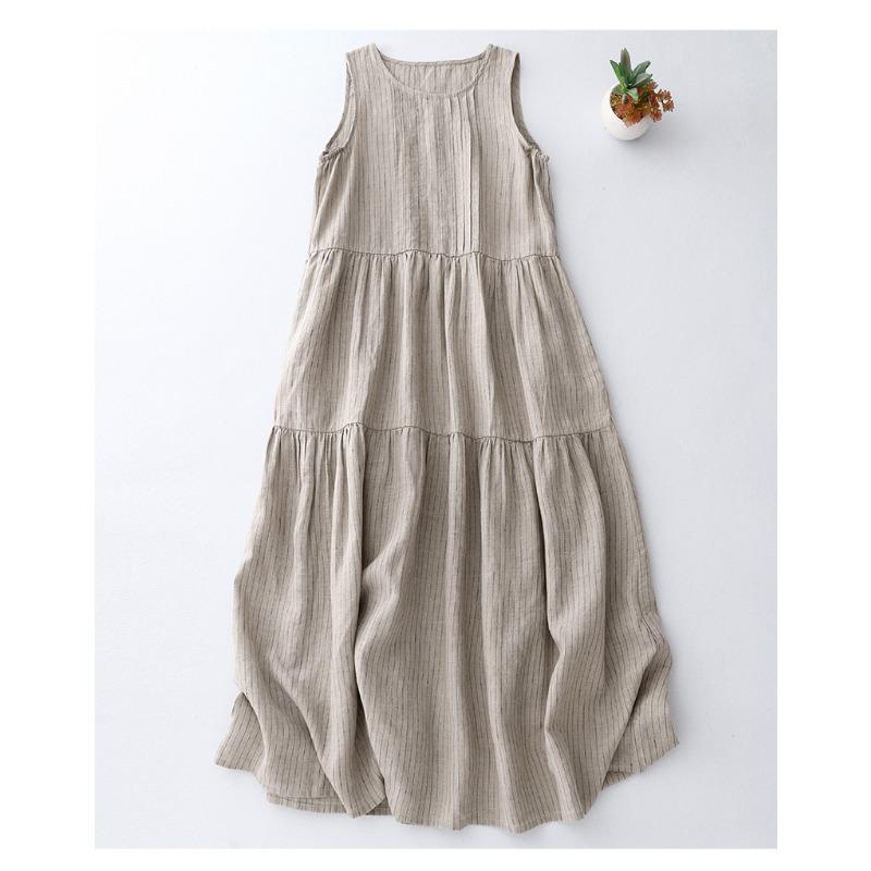 Plain Striped Loose Plus Size Women's New Pressed Pleated Literary Vest Dress
