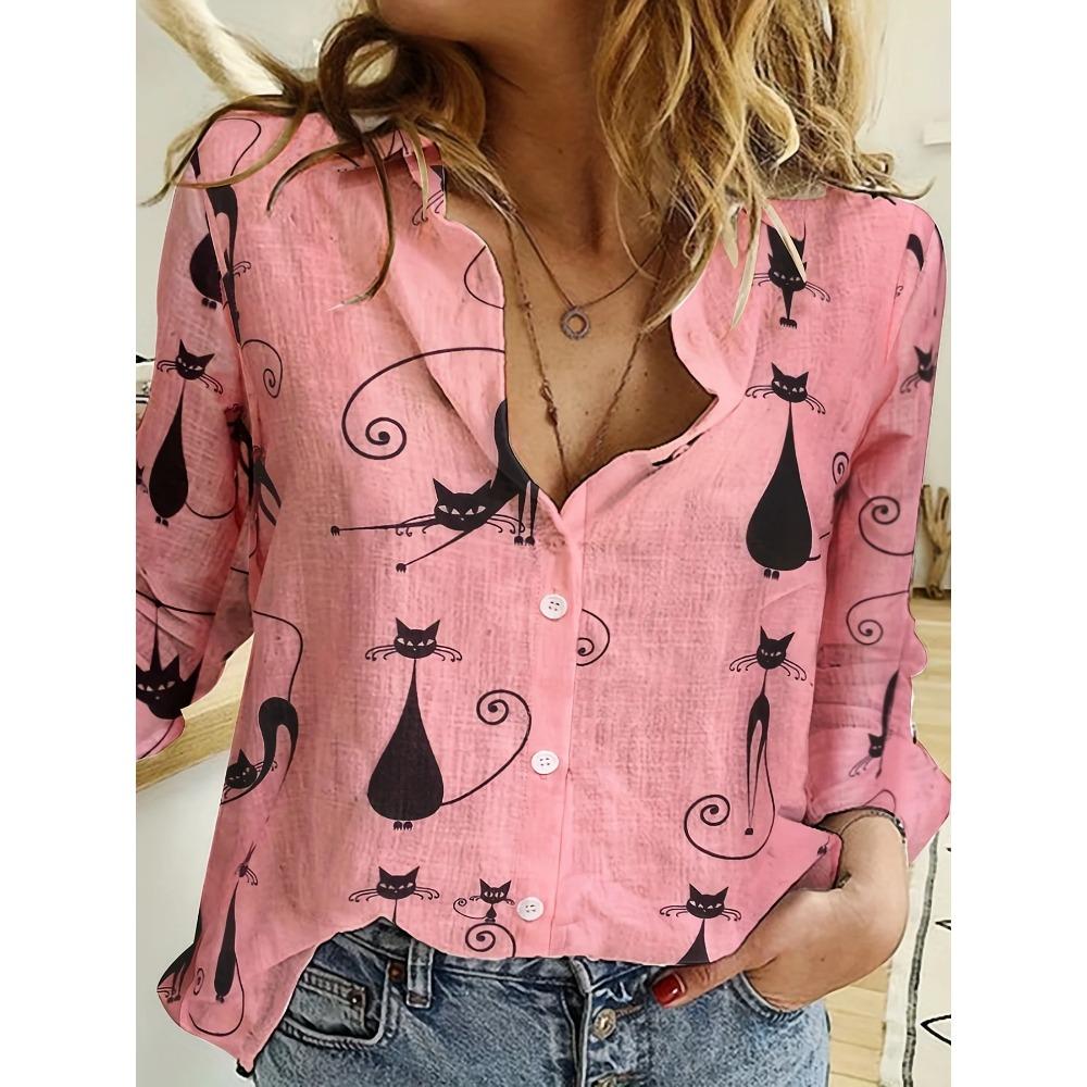 Women's Shirt Spring Fashion Clashing Color Patchwork Shirt Tops Blouse Temperament Sense Long Sleeve Cat Print Shirts