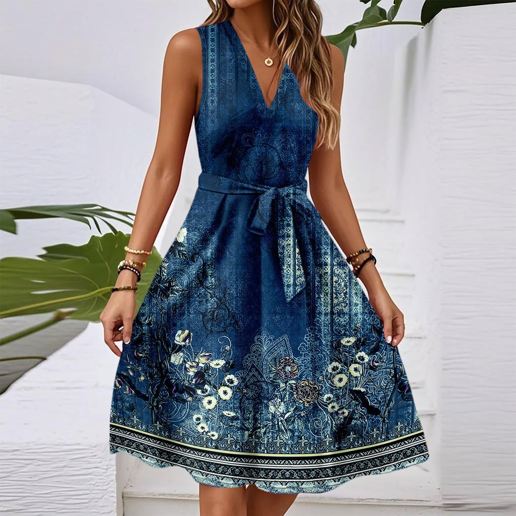 Damen Frühling Und Sommer Lässiges V-Ausschnitt Ärmellos Tailliertes Vintage Bedrucktes Midi-Kleid