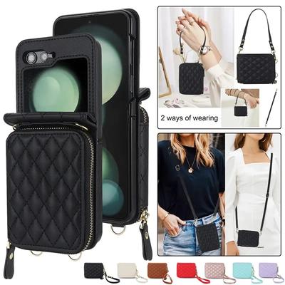 Crossbody Lanyard Leder Reißverschluss Geldbörse Karten Handy Hülle für Samsung Galaxy Z Flip 7 6 5 4 3 Flip6 Flip5 Flip4 Handgelenkseil Hülle