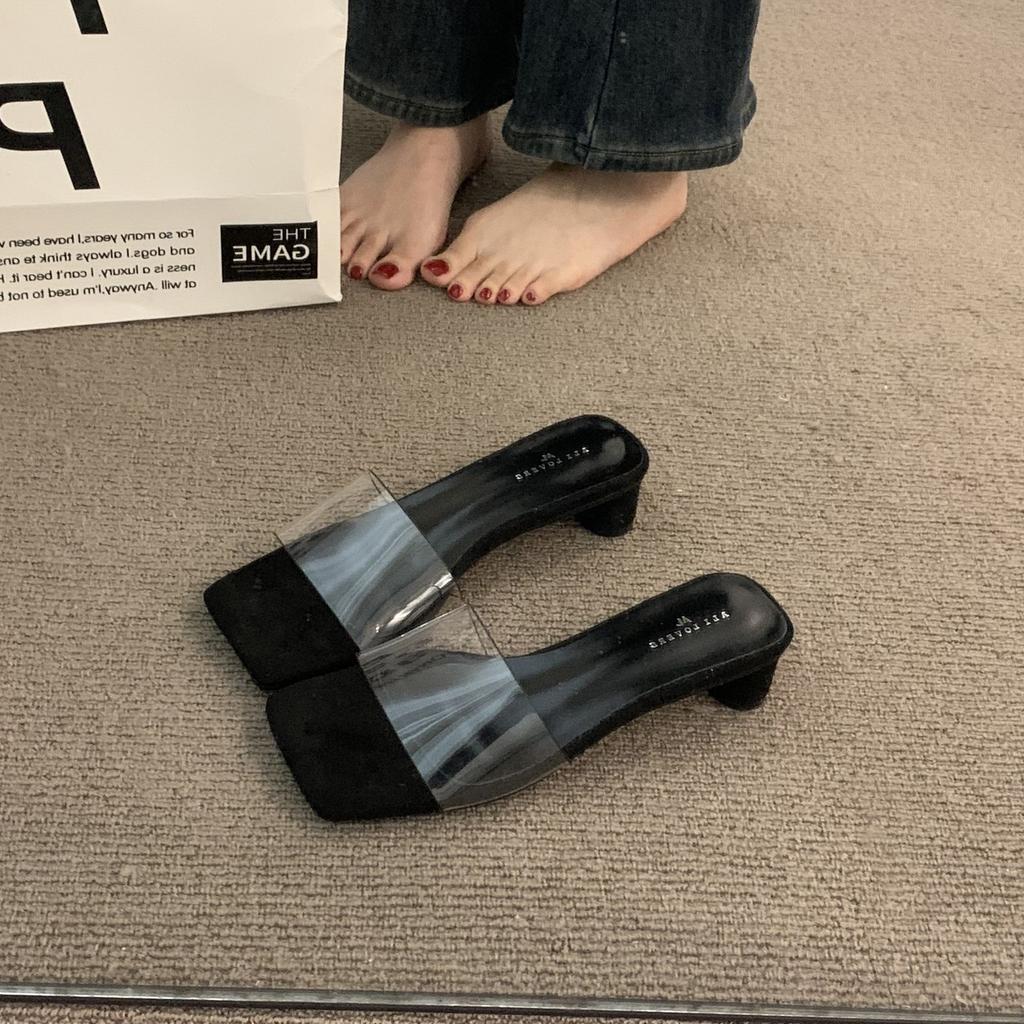 French Burgundy Transparent Belt Thick Heel Temperament One-word Slippers Fashion Middle Heel Sandals Travel Exquisite Sandals