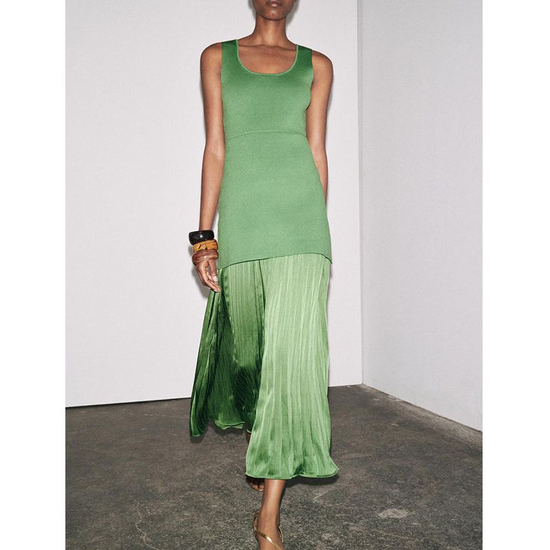 Summer New Product Women's Clothes Silk Satin Texture Knitting Small Pleated Patchwork Sleeveless Dress 4192055