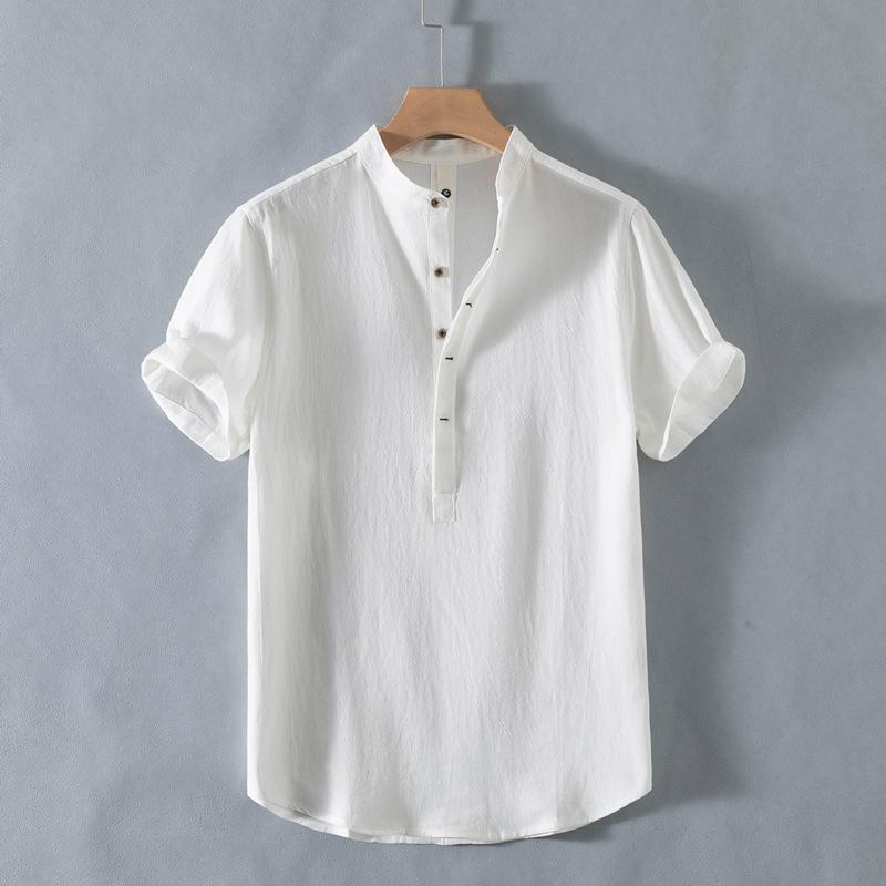 New Stand-up Collar Short-sleeved Cotton and Linen Shirt Men's Fresh Solid Color Loose Shirt