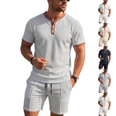 Men's Casual Waffle Button Neck Lightweight Breathable Short Sleeve Shirt and Drawstring Shorts Set for Everyday Wear