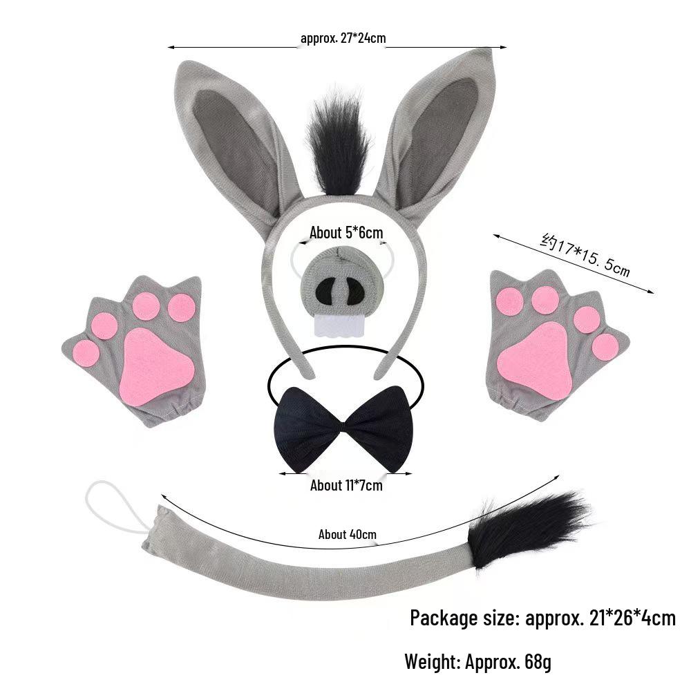 Children's Halloween Donkey Costume Set: Animal Ear Headband, Butterfly Bow, and Tail.