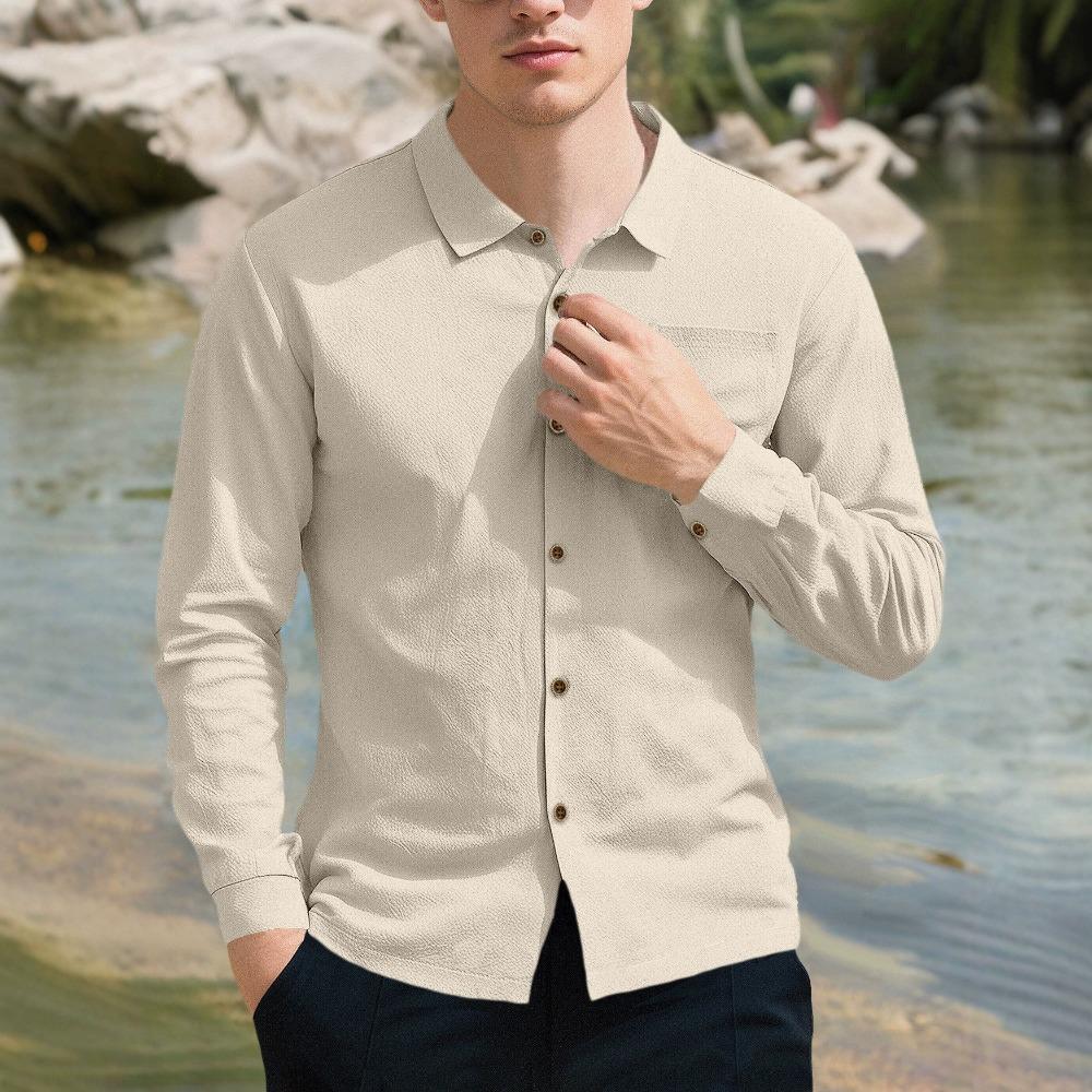 Soft and Comfortable Men's Collar Pocket Solid Color Button Up Cardigan Long Sleeved Linen Top Suitable for Daily Leisure