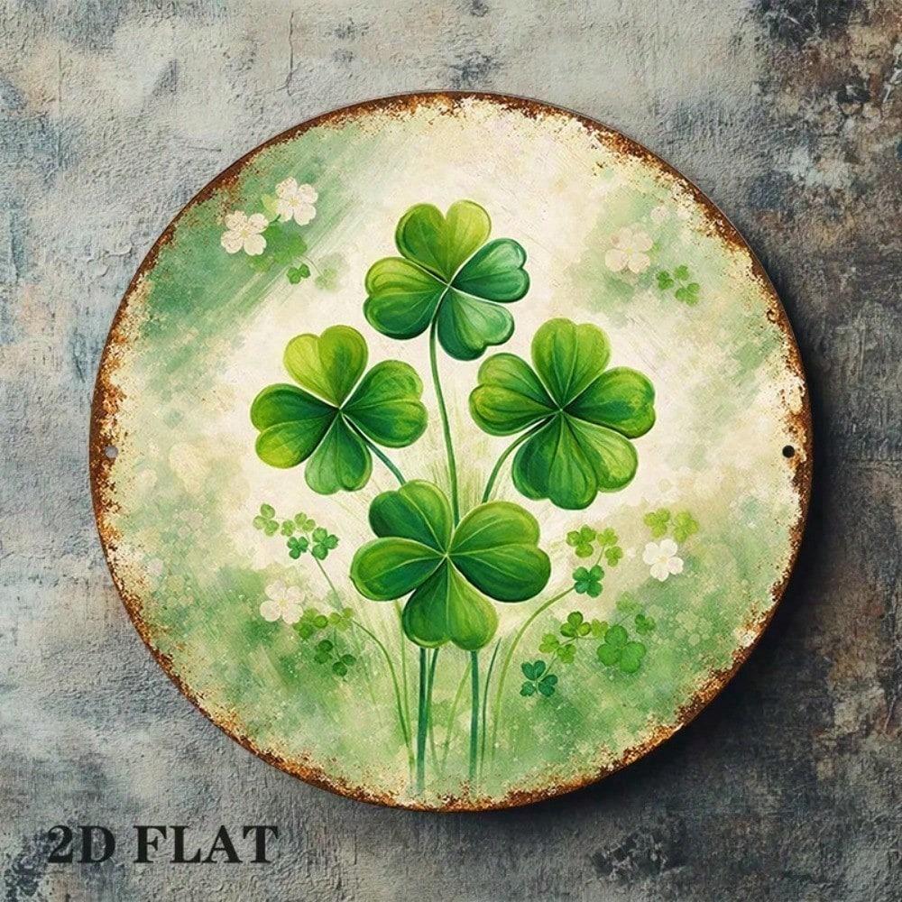 1pc Vintage Four Leaf Clover Round Tin Sign 8x8in Retro Irish Luck Metal Wall Plaque 2D Flat Decor For Bar Cafe Restaurant Office Home