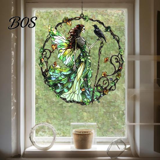 Exquisite Room Ornaments Stained Glass Style Skeleton Fairy Window Hanging Suncatcher, Acrylic Decorative Ornament with Butterfly Wings Elegant Party