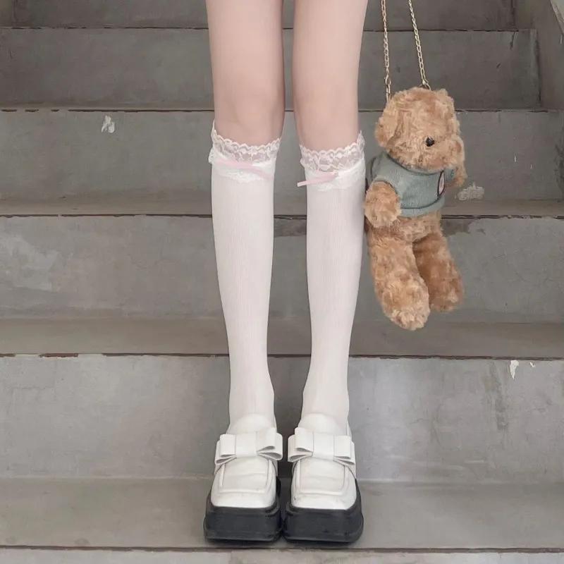 Women Lolita Lace-edge Bow Velvet Stockings Mid Leg Socks Thin Breathable Soft Cute College Style Kawaii JK Knee High Calf Socks
