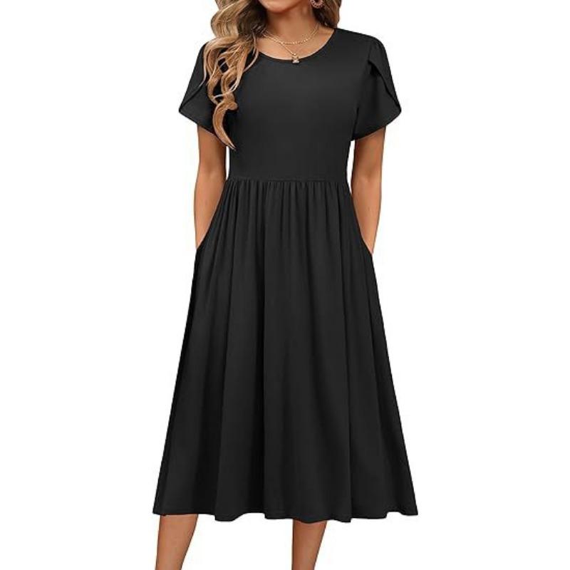 A Women's Round-neck Petal-sleeved, Short-sleeved Mid-length Printed Dress