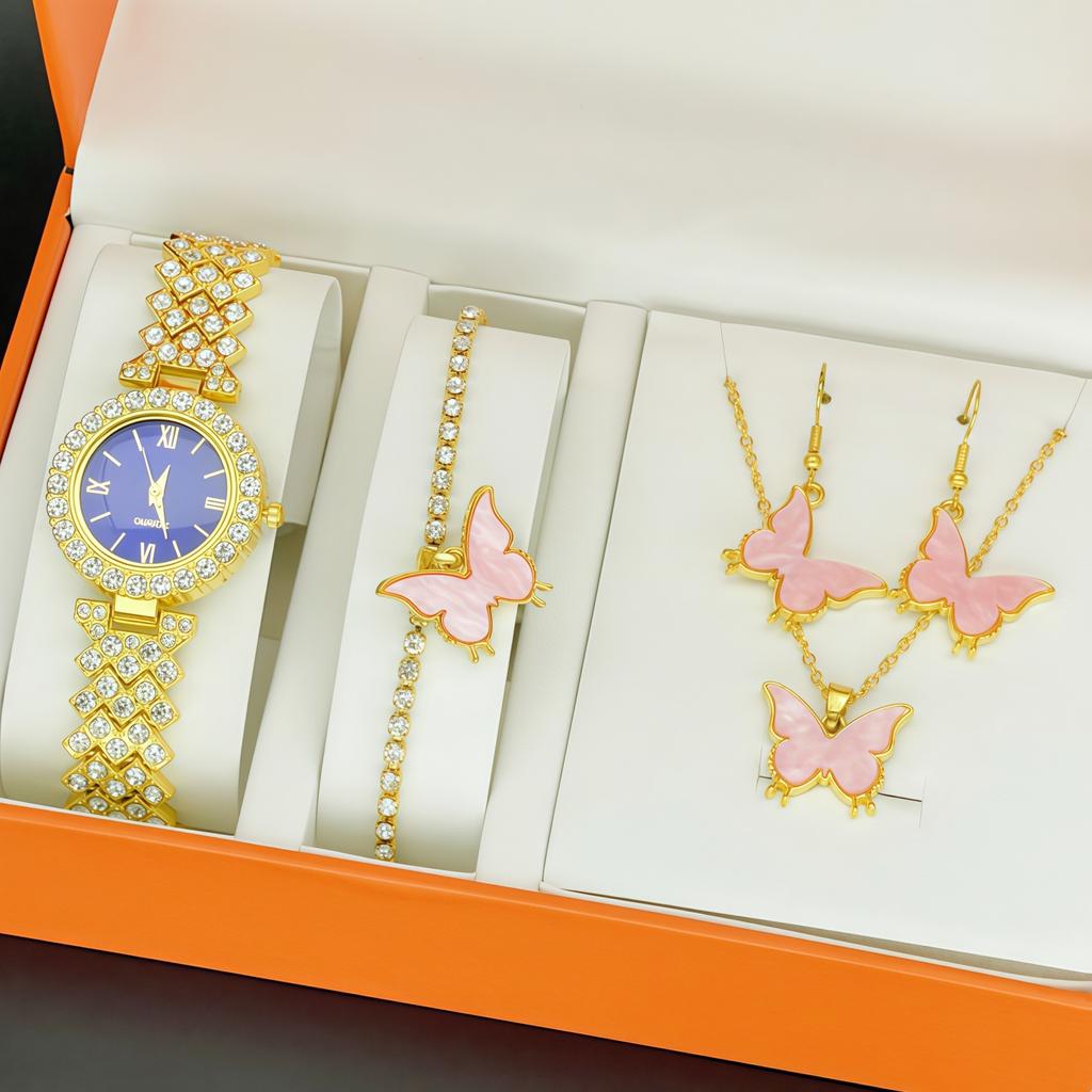 Ladies Fashion Diamond Set Watch Set Gift Box, Butterfly 5Pcs Jewelry Roman Bracelet Gold Watch